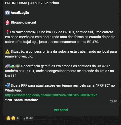 br-101 km 112 navegantes bloqueio 22h