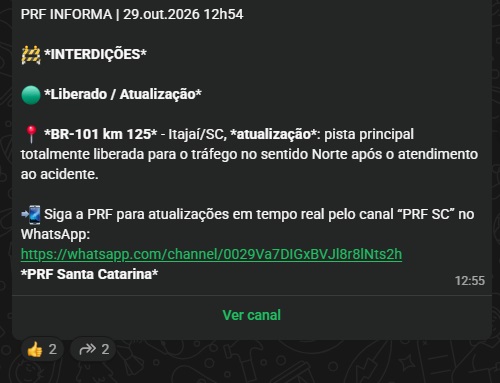 br-101 km 125 itajaí ocorrência liberou