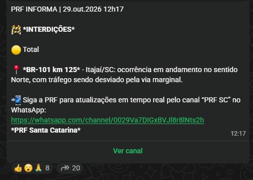 br-101 km 125 itajaí ocorrência